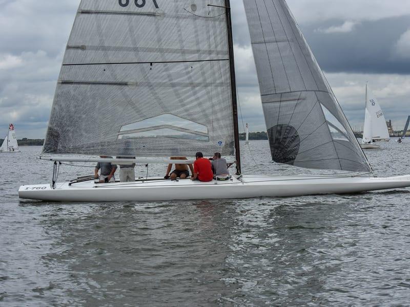 Keelboat sailing upwind at Rush Creek Yacht Club