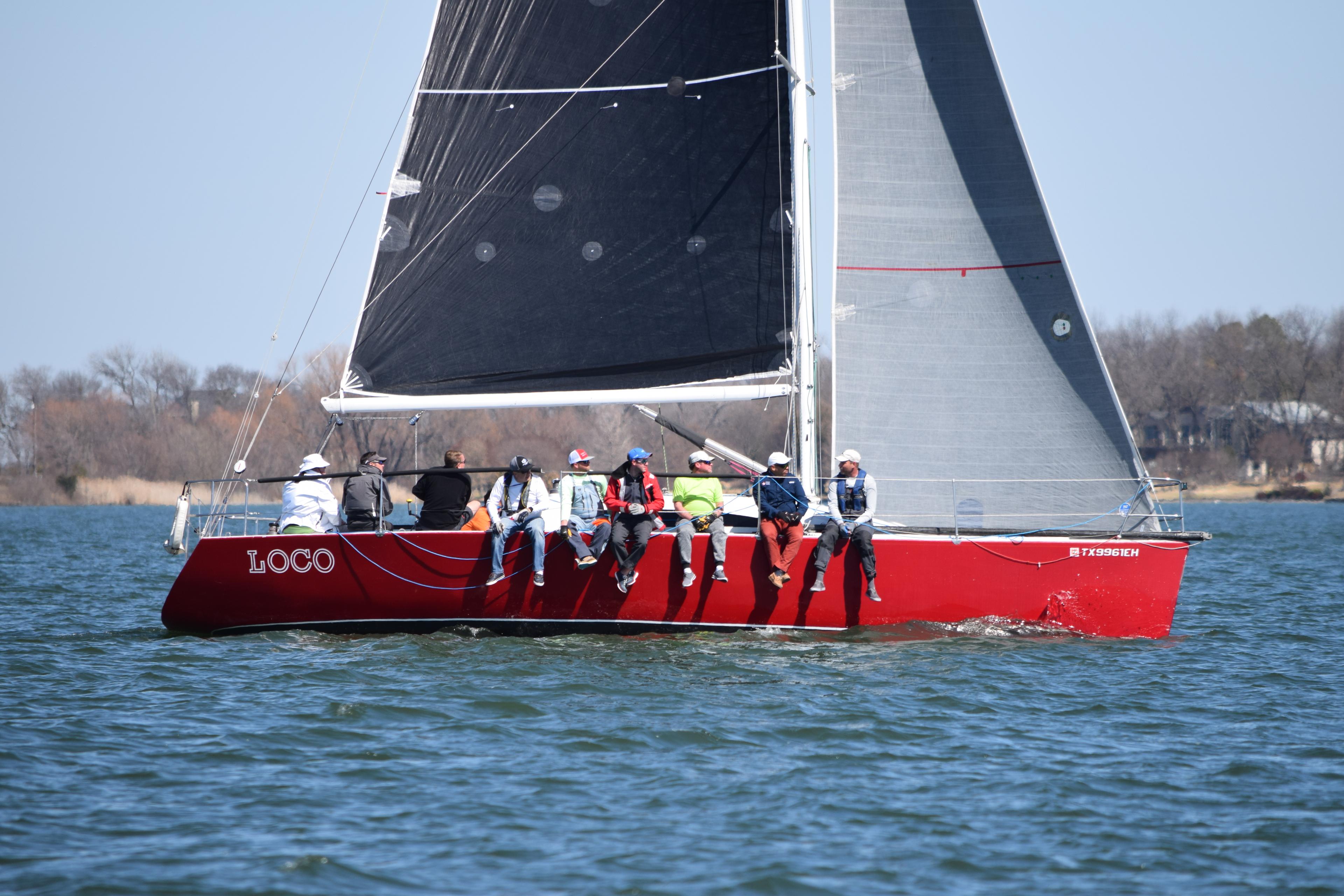 Keelboat LOCO under full sail racing at Rush Creek Yacht Club