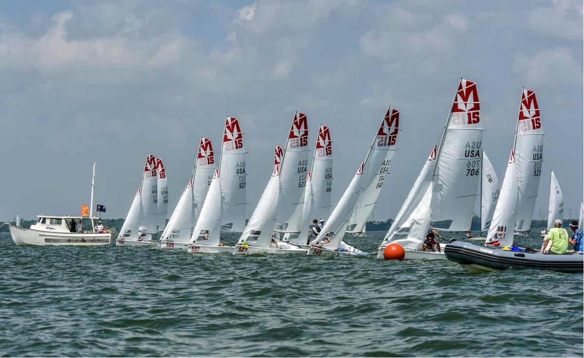 Melges 15 fleet at the start line during a regatta on Lake Ray Hubbard