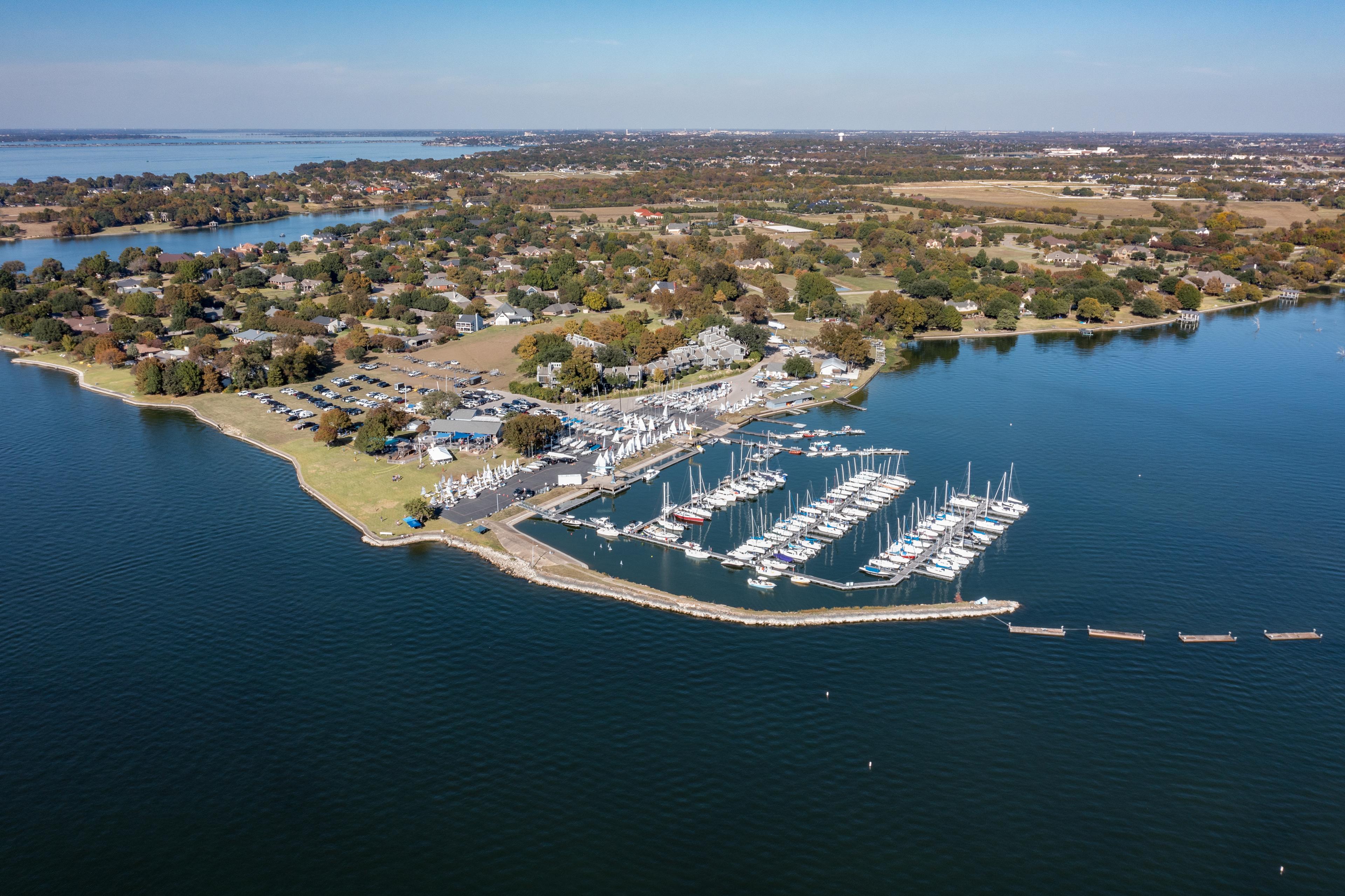 Aerial view of Rush Creek Yacht Club marina and grounds on Lake Ray Hubbard