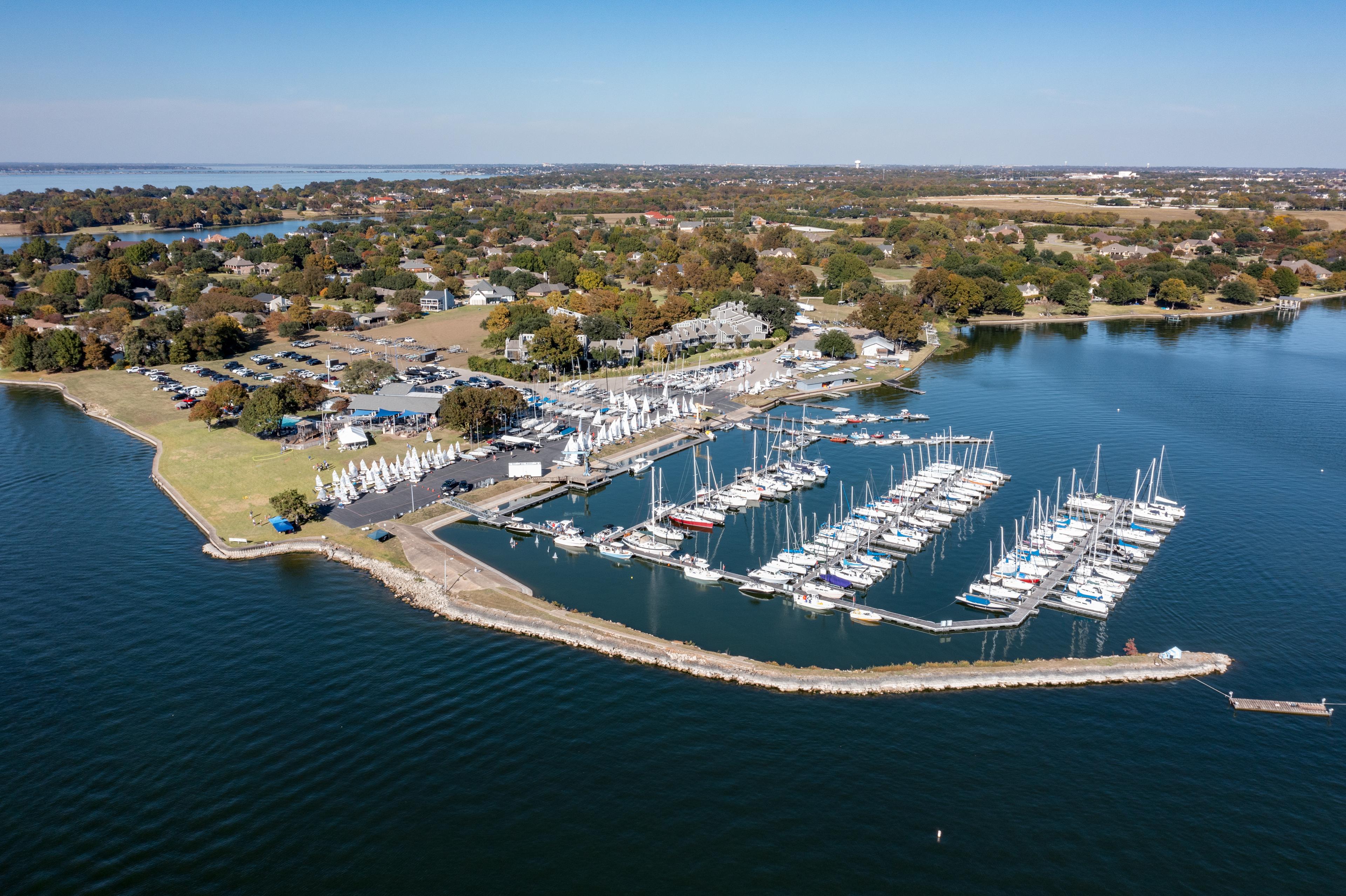 Aerial view of Rush Creek Yacht Club marina and grounds