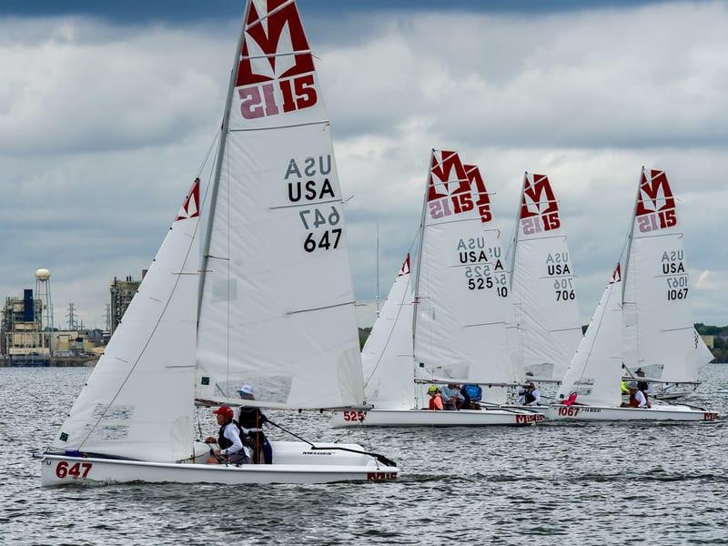 Melges 15 fleet sailing upwind during Fall DinghyFest